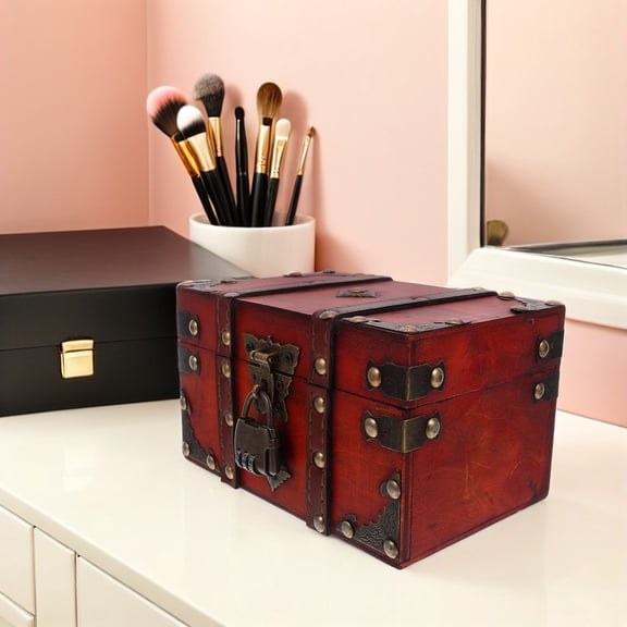 PAMINGONO Vintage Wooden Treasure Chest with Dark Red Metal Lock, Decorative Storage Box for Home, Office, and Use