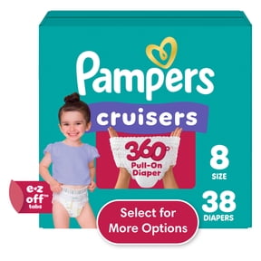 Pampers Diapers - Cruisers 360 degrees - Size 8, 38 Count, up to 100% Leakproof Fit, Designed for Active Babies, Pull On Diaper, EZ Off Tabs Designed for Easy Changes