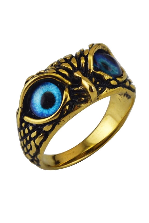 10MM Unisex Stainless Steel Vintage Gothic Demon Eye Owl Biker Ring with Blue Gemstone Eyes Devil Ghost Animal Statement Gold Size 6