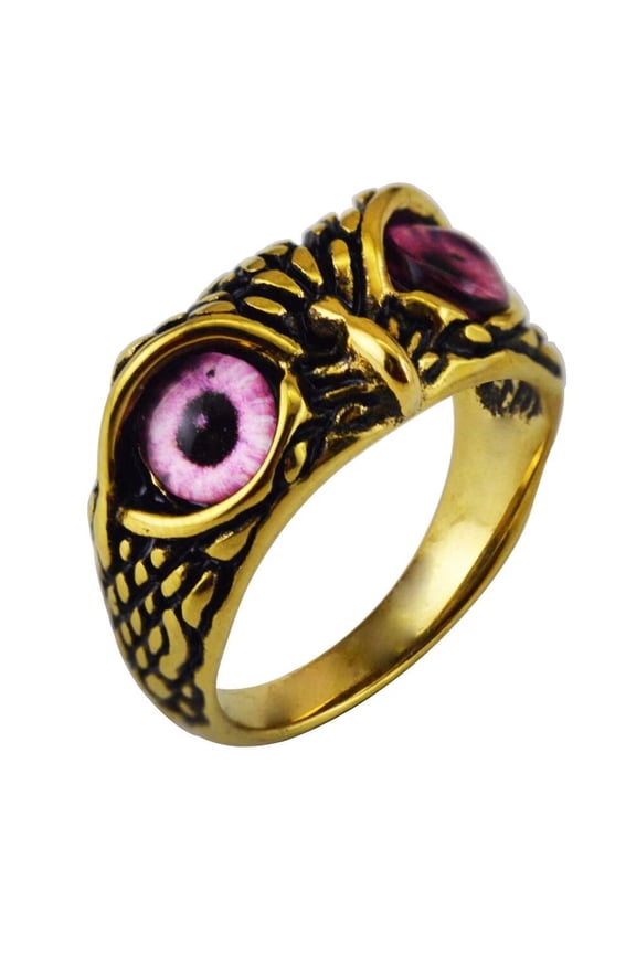 10MM Unisex Stainless Steel Vintage Gothic Demon Eye Owl Biker Ring with Pink Gemstone Eyes Devil Ghost Animal Statement Gold Size 9