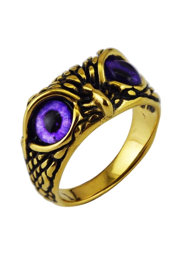 10MM Unisex Stainless Steel Vintage Gothic Demon Eye Owl Biker Ring with Purple Gemstone Eyes Devil Ghost Animal Statement Gold Size 7