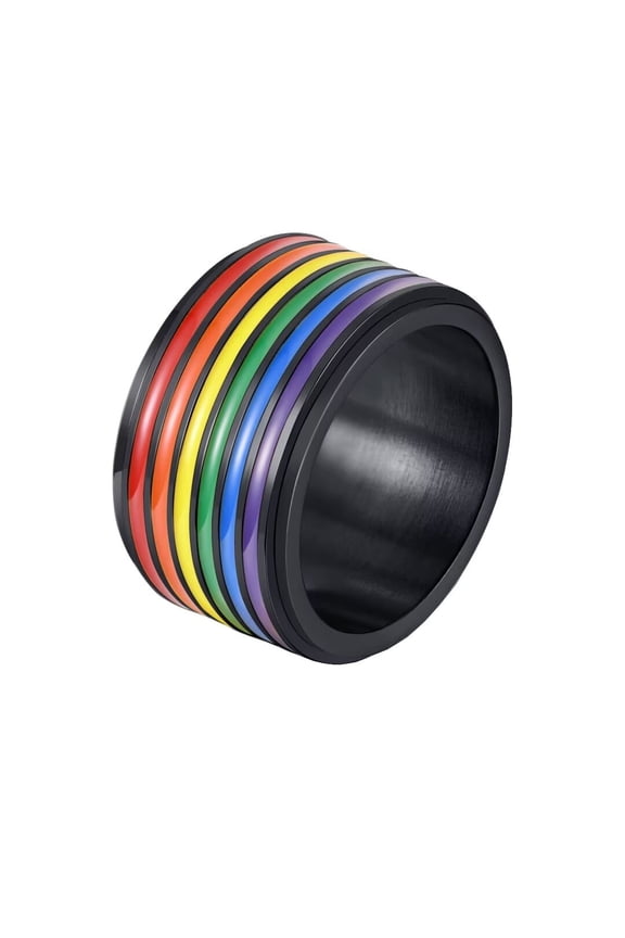 12MM Stainless Steel LGBT Pride Ring Rainbow Flag Enamel Gay Lesbians Eternity Wedding Band Rotatable Ring for Men Women Black Size 12