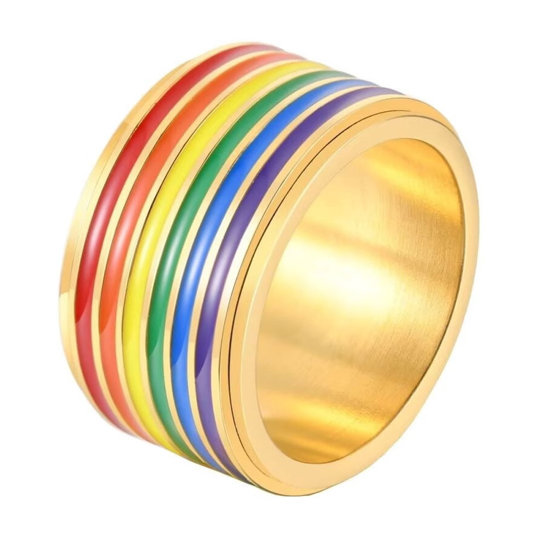 PAMTIER 12MM Stainless Steel LGBT Pride Ring Rainbow Flag Enamel Gay ...