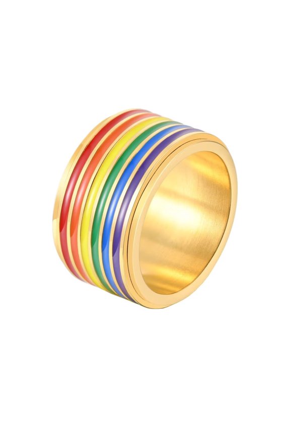 12MM Stainless Steel LGBT Pride Ring Rainbow Flag Enamel Gay Lesbians Eternity Wedding Band Rotatable Ring for Men Women Gold Size 9