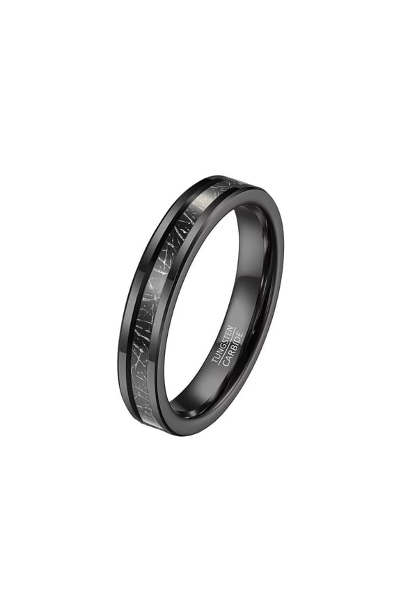 4mm Unisex Tungsten Steel Inner Arc Beveled Edge Carbon Fiber Meteorite Inlaid Wedding Ring Statement Promise Comfort Fit Black Size 11