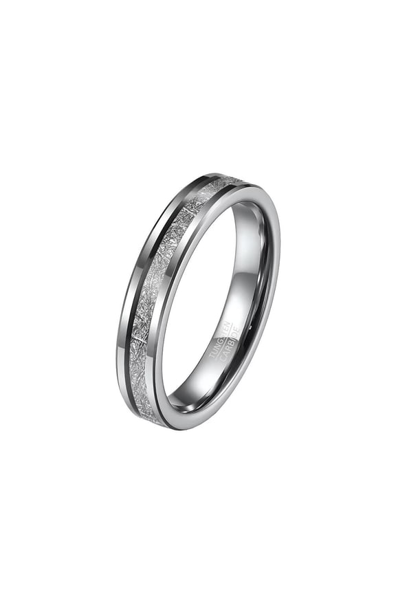 4mm Unisex Tungsten Steel Inner Arc Beveled Edge Carbon Fiber Meteorite Inlaid Wedding Ring Statement Promise Comfort Fit Silver Size 10
