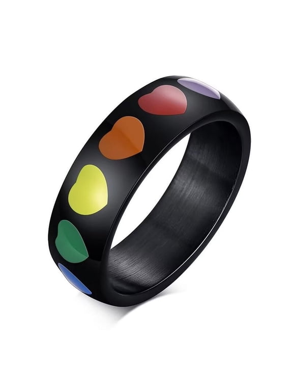 6MM Unisex Gay Lesbian Pride Stainless Steel Fashion Classic Enamel Heart LGBT Rainbow Ring Eternity Wedding Band Black Size 12