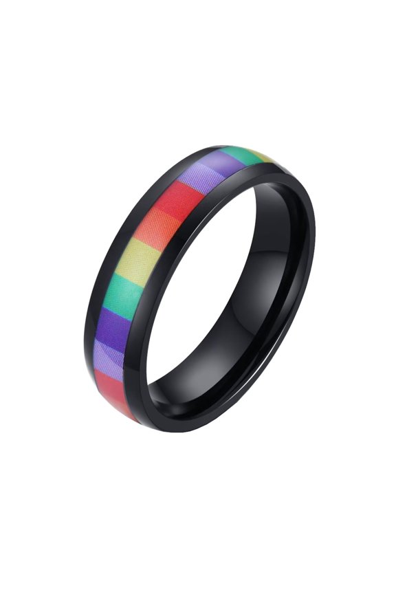 6MM Unisex Gay and Lesbian Pride Stainless Steel Fashion Classic Black Sticker Rainbow Ring Personality Homosexuality Black Size 11