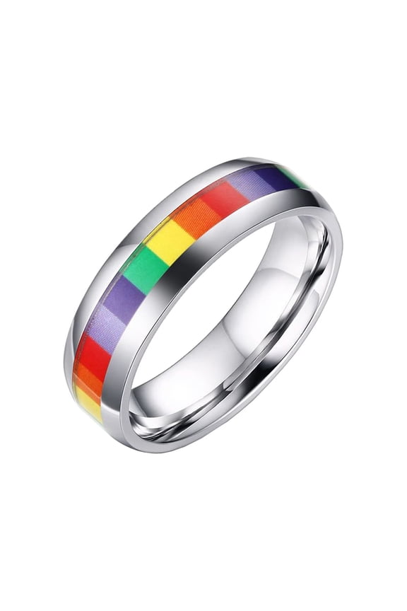 6MM Unisex Gay and Lesbian Pride Stainless Steel Fashion Classic Silver Sticker Rainbow Ring Personality Homosexuality Silver Size 6