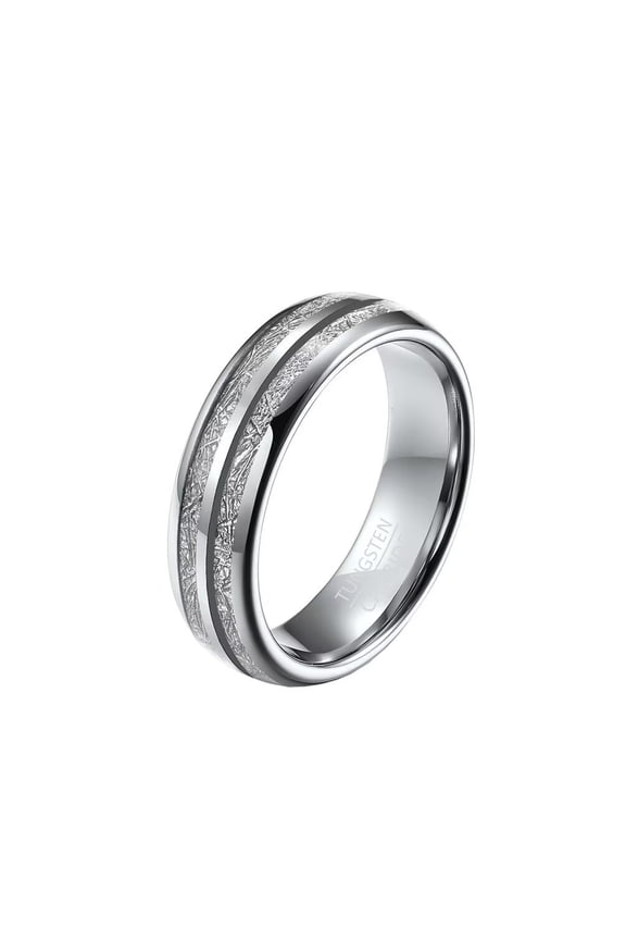 Unisex Tungsten Steel 6mm Silver Simple Plain Domed Carbon Fiber Double Grooved Meteorite Inlay Wedding Ring Promise Comfort Fit Size 11