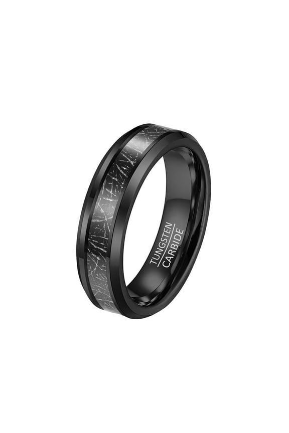 6mm Unisex Tungsten Steel Inner Arc Beveled Edge Carbon Fiber Meteorite Inlaid Wedding Ring Statement Promise Comfort Fit Black Size 9