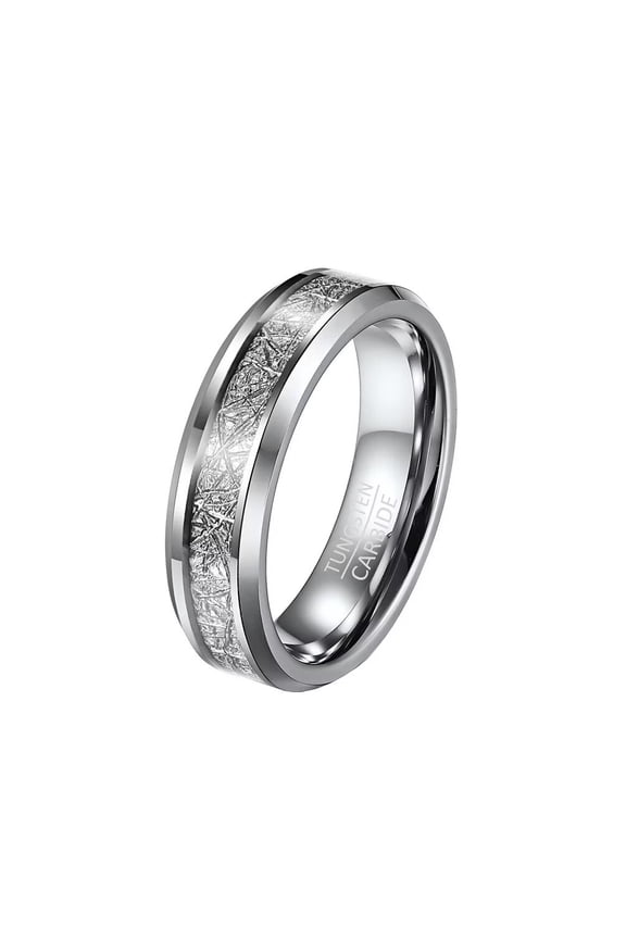 6mm Unisex Tungsten Steel Inner Arc Beveled Edge Carbon Fiber Meteorite Inlaid Wedding Ring Statement Promise Comfort Fit Silver Size 7