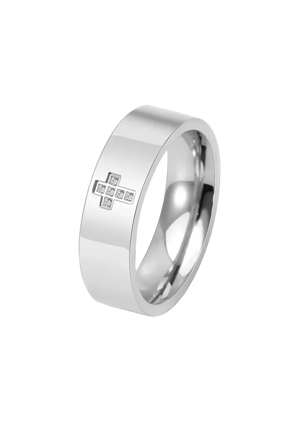 6mm Wide Zirconia Cross Ring for Men Women Polished Stainless Steel Band Dainty Minimalist Crucifix Religion Faith Jewelry Silver Size 12