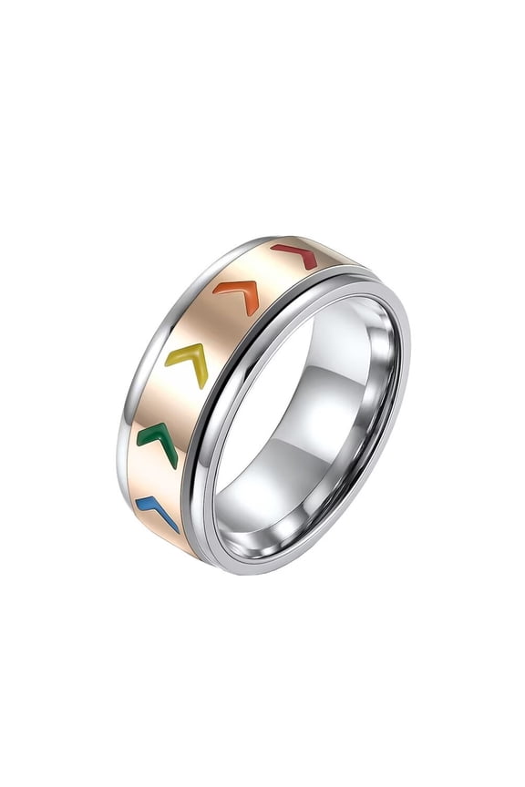 8MM Unisex Stainless Steel Gays and LGBT Pride Arrow Shaped Rainbow Flag Rotatable Fidget Ring Anxiety Wedding Band Rose Gold Size 8