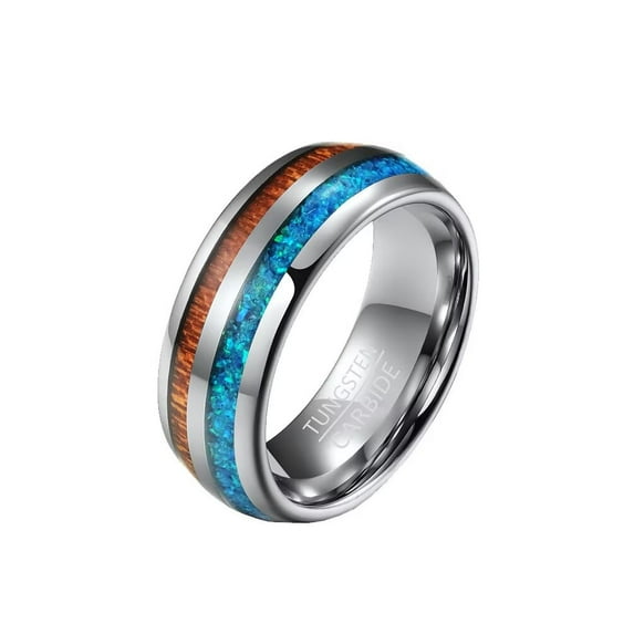 PAMTIER 8MM Unisex Tungsten Steel Domed Koa Wood with Blue Opal Center Inlay Ring Brushed Eternity Promise Wedding Band Comfort Fit Size 7