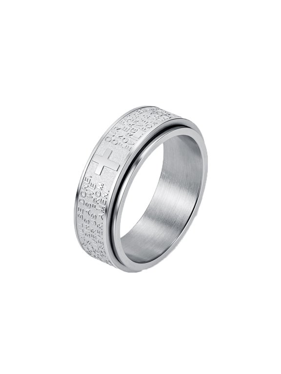 8mm Lord's Prayer Cross Ring Unisex Stainless Steel Rotatable Christian Engraved Bible Verse Religious Faith Band Silver Size 13