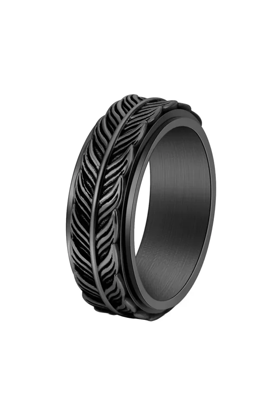 8mm Rotatable Fish Tail Fidget Spinner Ring for Anxiety Relief Women Men Stainless Steel Textured Relief Unique Nature-Inspired Jewelry Black Size 6