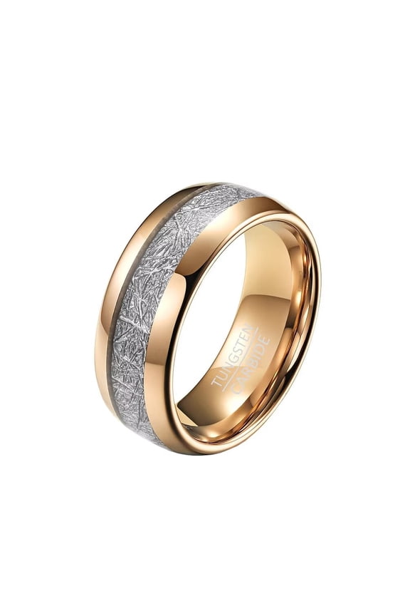 8mm Unisex Tungsten Steel Domed Rose Gold Carbon Fiber Imitated Meteorite Inlaid Stackable Ring Promise Wedding Band Comfort Fit Size 9