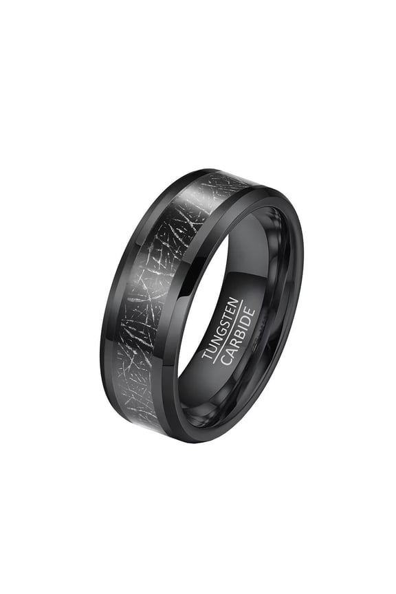 8mm Unisex Tungsten Steel Inner Arc Beveled Edge Carbon Fiber Meteorite Inlaid Wedding Ring Statement Promise Comfort Fit Black Size 7