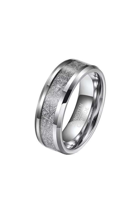 8mm Unisex Tungsten Steel Inner Arc Beveled Edge Carbon Fiber Meteorite Inlaid Wedding Ring Statement Promise Comfort Fit Silver Size 11