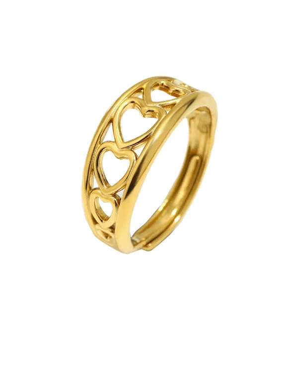 Adjustable Open Heart Ring for Women Gold Stainless Steel Band with Interlocking Hearts Cut-Outs Romantic Slip-On Jewelry