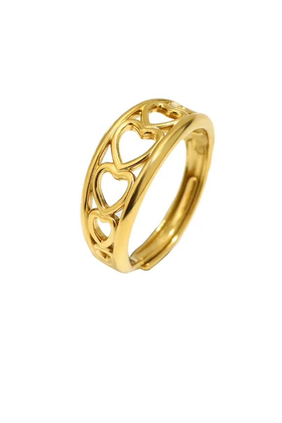 Adjustable Open Heart Ring for Women Gold Stainless Steel Band with Interlocking Hearts Cut-Outs Romantic Slip-On Jewelry
