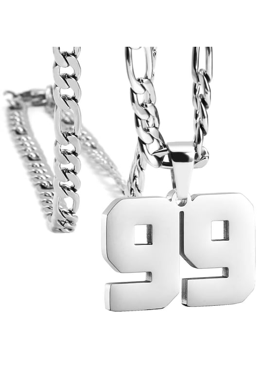 Athletes Number 0-99 Pendant Necklace for Men Women Stainless Steel Angel Numbers Necklaces Cool Hip Hop Sports Jewelry with Chain Silver 99