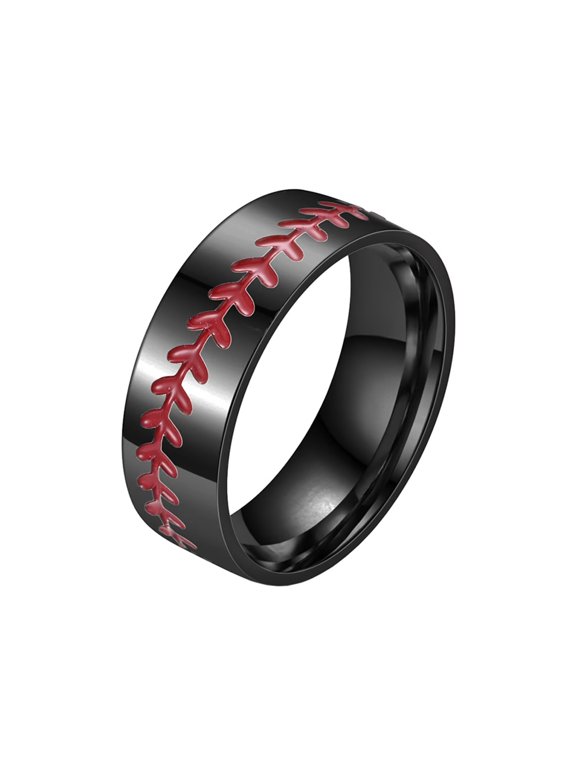 Baseball Stitch Pattern Rings for Men Women Stainless Steel Band with Red Seam Detail Sporty Athletic Jewelry Black Size 12