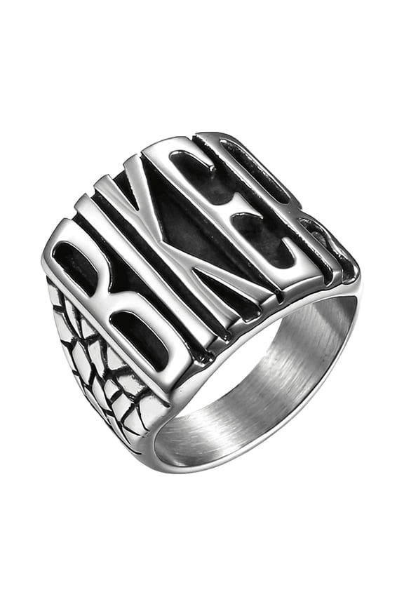 Biker Ring for Men, Vintage Stainless Steel 3D Embossed BIKER Letter Wide Band, Crack Texture Retro Motorcycle Rider Statement Jewelry Size 10