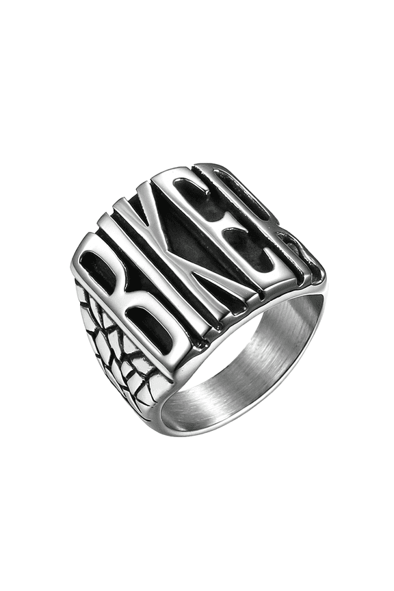 Biker Ring for Men, Vintage Stainless Steel 3D Embossed BIKER Letter Wide Band, Crack Texture Retro Motorcycle Rider Statement Jewelry Size 9