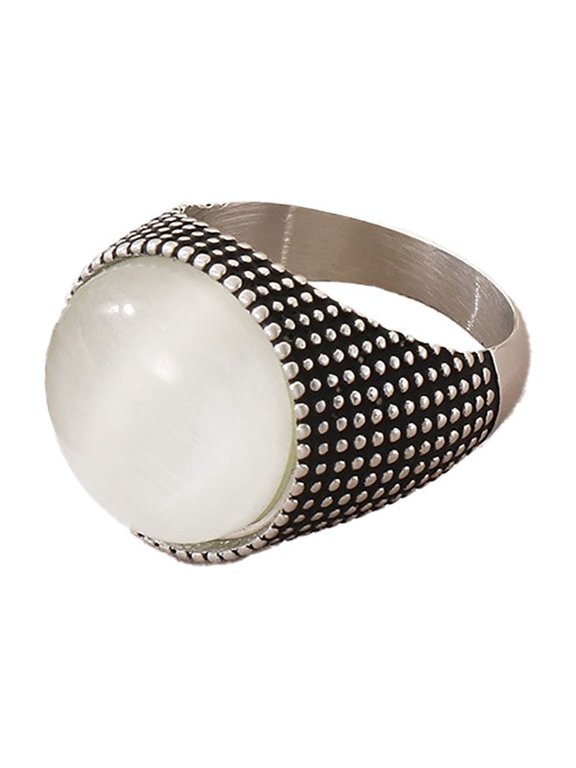 Bohemian Large Dome Gemstone Ring Unisex Vintage Texture Statement Stainless Steel Band Ethnic Tribal Vacation 4705 Size 7