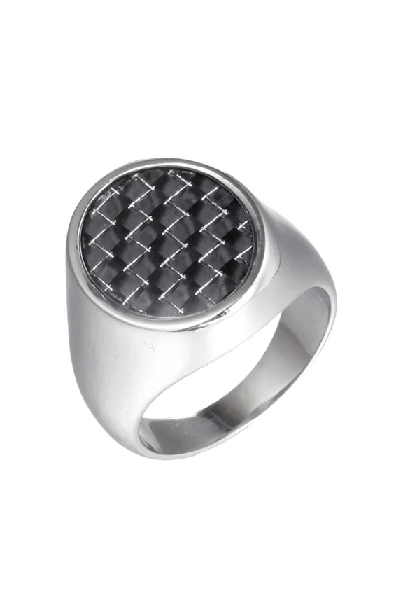 Carbon Fiber Inlay Ring for Men Elliptical Stainless Steel Band with Woven Pattern Unique Statement Jewelry Silver Size 10