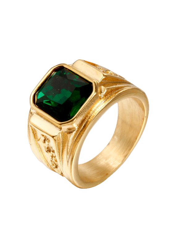 Chunky Plated Gold Signet Ring for Men Stainless Steel Vintage Royal Statement with Side Crest Engraving Retro Heavy Biker Plated Gold-Green Size 10