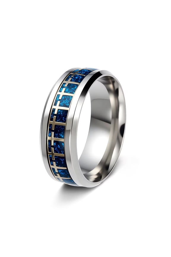 Circle of Crosses Ring Repeating Cross Pattern Band Rings for Men Women Stainless Steel Amulet Belief Religious Jewelry Blue Size 12