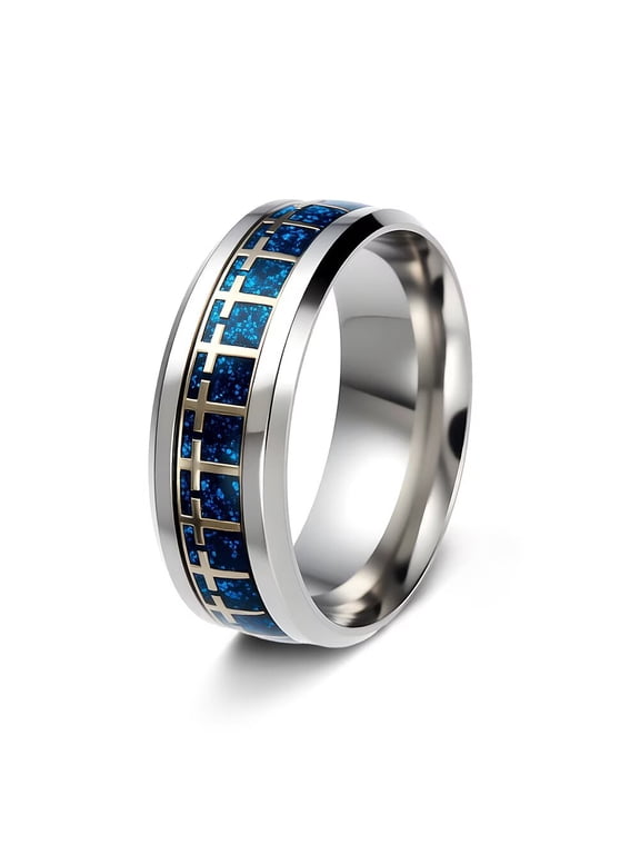 Circle of Crosses Ring Repeating Cross Pattern Band Rings for Men Women Stainless Steel Amulet Belief Religious Jewelry Blue Size 7