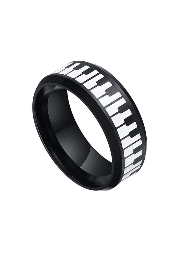 Cool Rings For Men Women Piano Key Pattern Black and White Stripe Design on Stainless Steel Band Musical Minimalist Jewelry Size 11