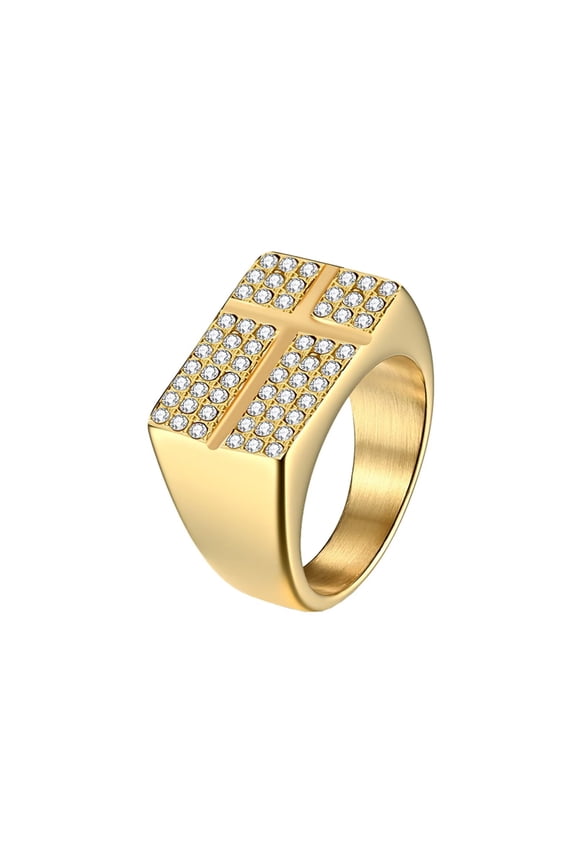 Cross Ring for Men Women Full Pavé Zirconia Square Wide Band Stainless Steel Statement Jewelry Gold Size 10