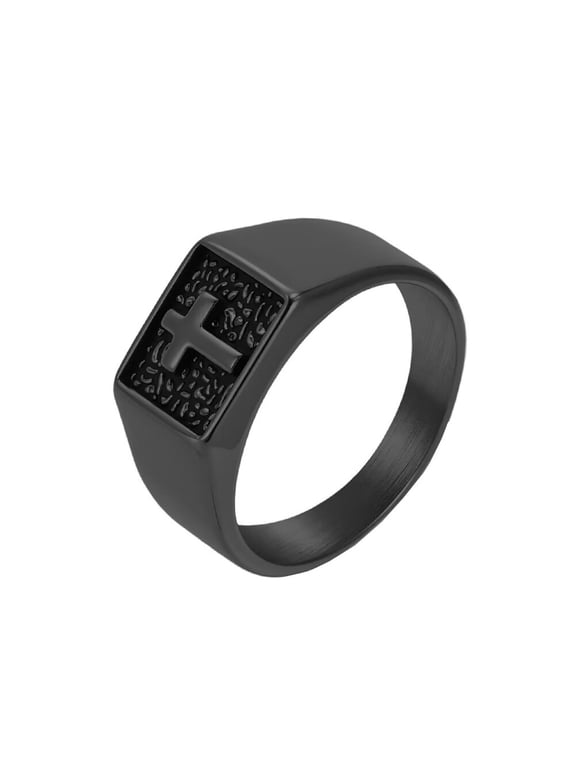 Cross Rings for Women Men Solid Square Band Ring with Black Textured Background Stainless Steel Religious Statement Jewelry Black Size 9