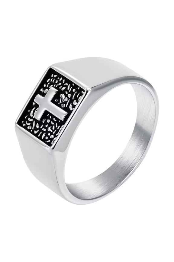 Cross Rings for Women Men Solid Square Band Ring with Black Textured Background Stainless Steel Religious Statement Jewelry Silver Size 13