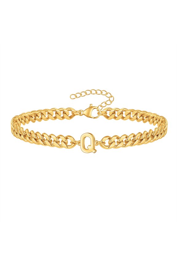 Cuban Link Chain Bracelet for Men Women – Stainless Steel Gold Plated with A-Z Initial Letter, Lucky Personalized 26 Alphabet Unisex Wristband Gold Letter Q