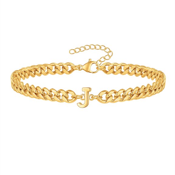 PAMTIER Cuban Link Chain Bracelet for Men Women – Stainless Steel Gold Plated with A-Z Initial Letter, Lucky Personalized 26 Alphabet Unisex Wristband Gold Letter J