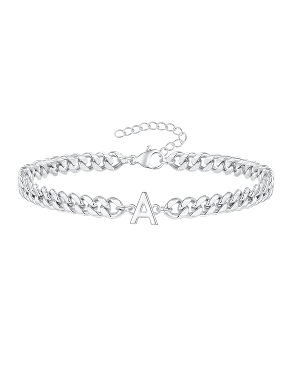 Cuban Link Chain Personalized A-Z Initial Bracelet for Men Women Stainless Steel Silver Plated Lucky Statement Jewelry Letter A