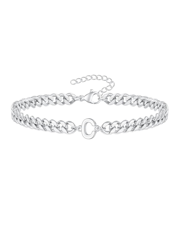 Cuban Link Chain Personalized A-Z Initial Bracelet for Men Women Stainless Steel Silver Plated Lucky Statement Jewelry Letter C
