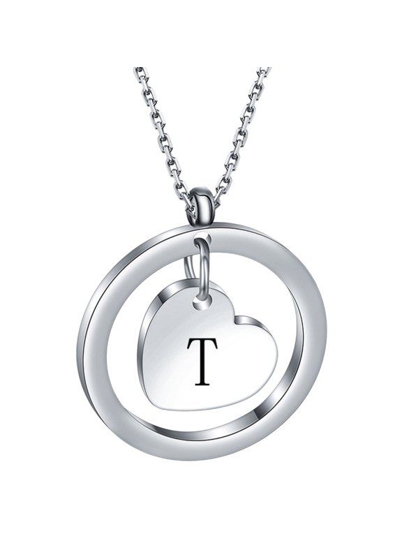 Engraved 26 Initials Stainless Steel Round Hollow Heart Necklace for Women Charm Simple Elegant Collarbone Chain Jewelry Silver T