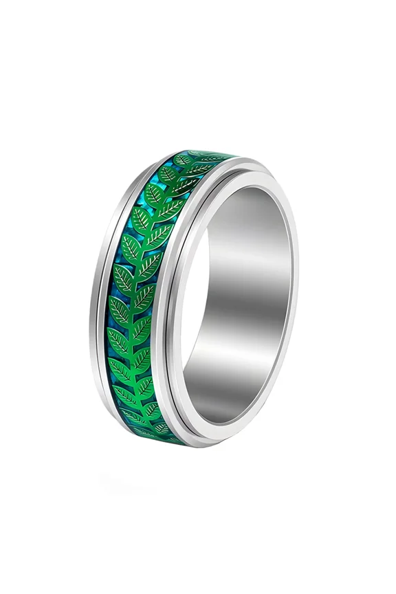 Fidget Leaf Spinner Ring for Men Women Stainless Steel Band with Green Color Leaves Pattern Stress Relief Jewelry Size 10