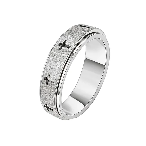 PAMTIER Fidget Spinner Cross Ring for Men Women Rotating Sandblasted Outer Band Interactive Stainless Steel Jewelry Silver Size 10