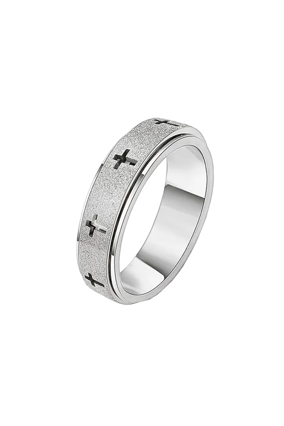 Fidget Spinner Cross Ring for Men Women Rotating Sandblasted Outer Band Interactive Stainless Steel Jewelry Silver Size 10