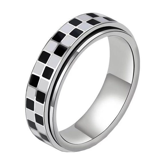 PAMTIER Fidget Spinner Ring for Women Men Black and White Checkered Pattern Stainless Steel Anxiety Relief Thumb Rings Relieving Boredom Silver Size 7