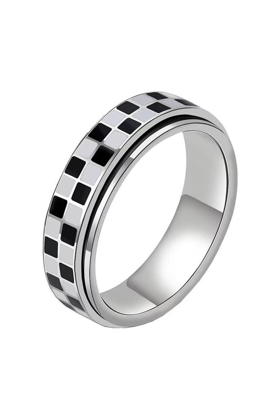 Fidget Spinner Ring for Women Men Black and White Checkered Pattern Stainless Steel Anxiety Relief Thumb Rings Relieving Boredom Silver Size 7