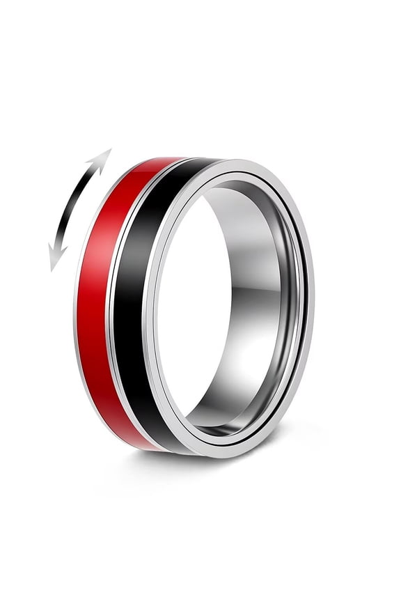Fidget Spinner Ring for Anxiety Relief Men Women Spinner Rings Rotatable Stainless Steel Band with Black Red Spinning Stripes Size 7